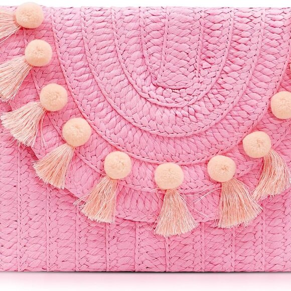 Straw Crossbody Bag Pink Woven Handmade Beach Clutch Tassel Summer - Picture 1 of 6